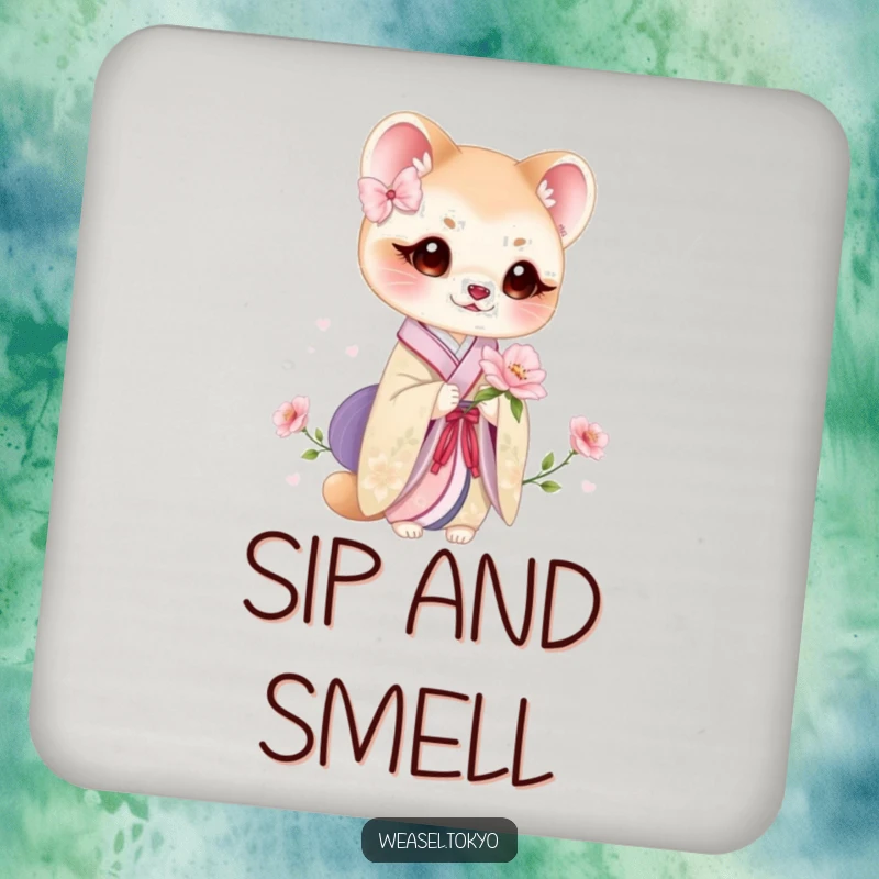 Funny weasel kimono bloom coasters featuring a cute weasel in traditional wear holding a delicate flower, protecting tables.