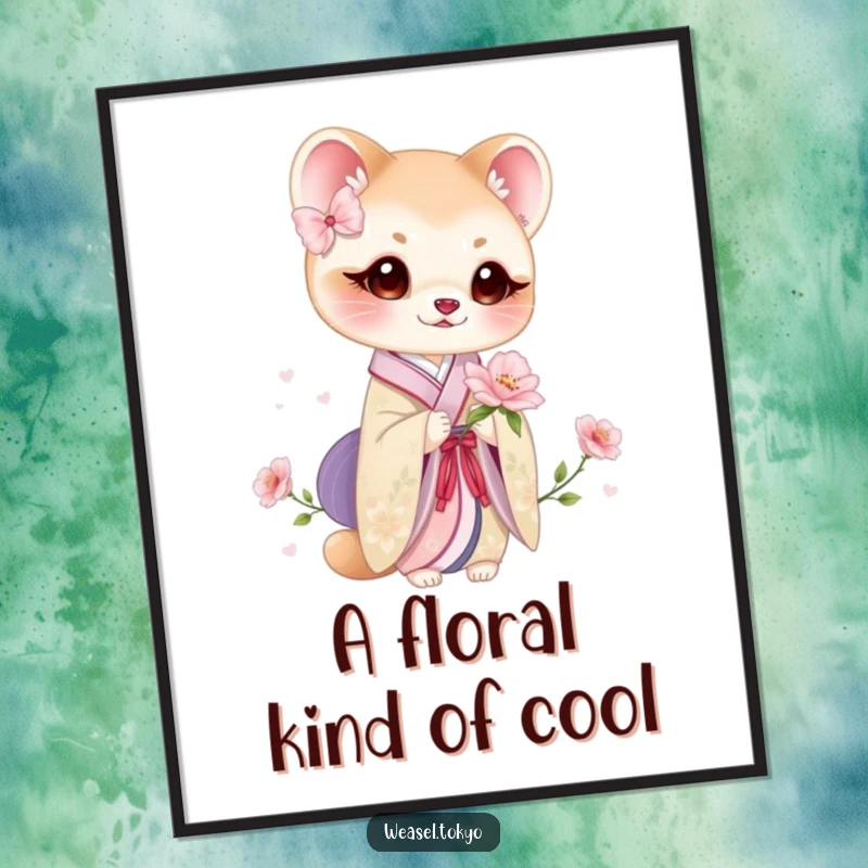 Funny weasel kimono poster of a cute weasel in a beautiful kimono holding a delicate bloom, adding natural beauty.