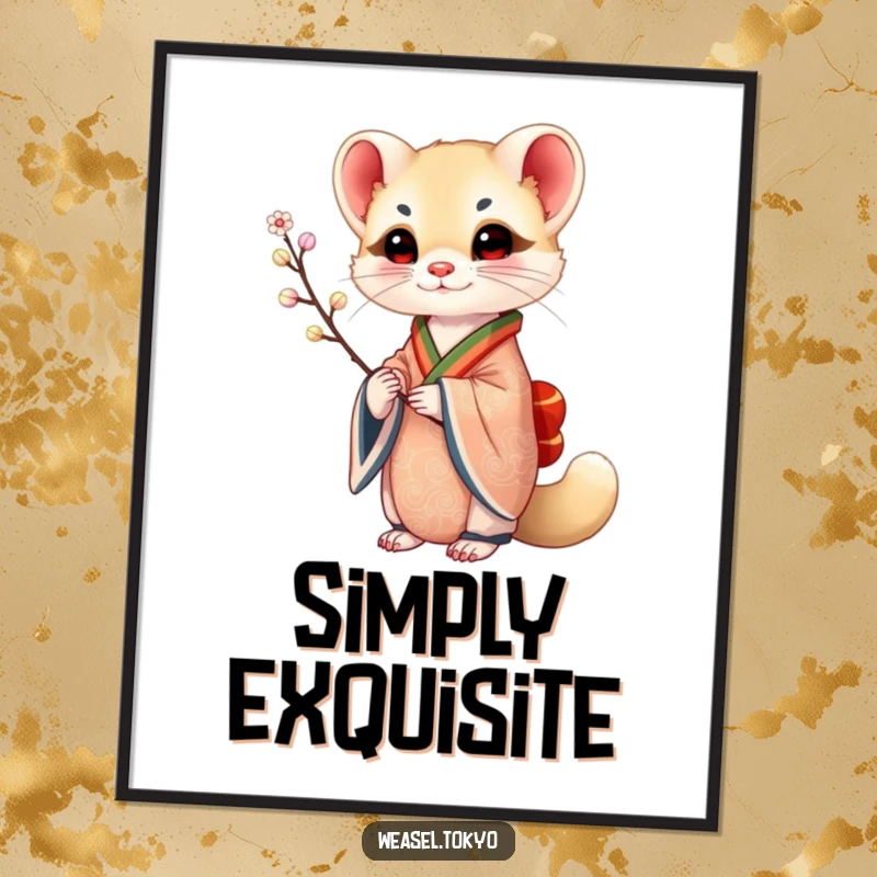 Funny Weasel Poster: A weasel in an ornate kimono holds a delicate branch, creating an artistic and humorous statement for wall decor.