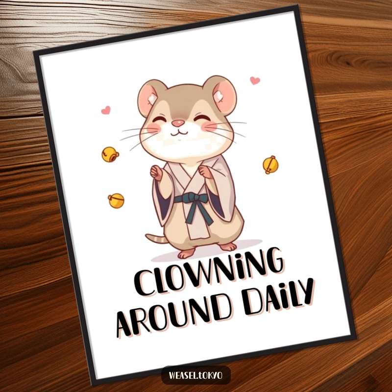 Funny Weasel Poster: A weasel in a kimono playfully juggles tiny bells, creating a whimsical and humorous piece of wall art.