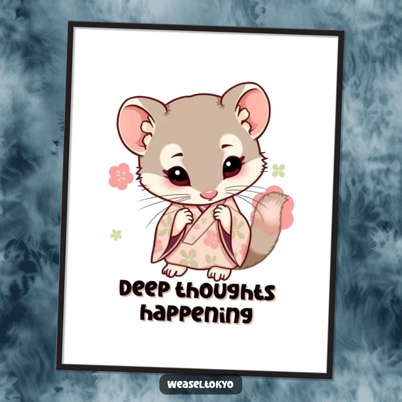 Funny Kawaii weasel illustration in a kimono looking closely to examine something, intriguing wall art gift.