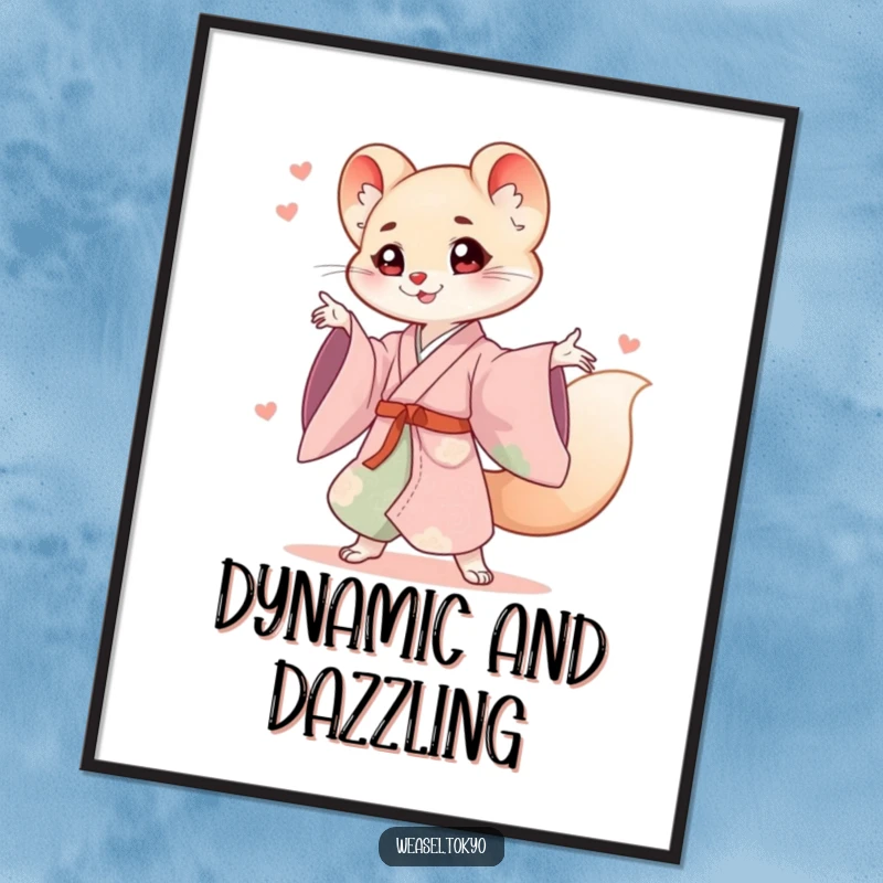 Funny weasel kimono poster depicting a cute weasel in a flowing kimono striking a playful, energetic pose with action lines.