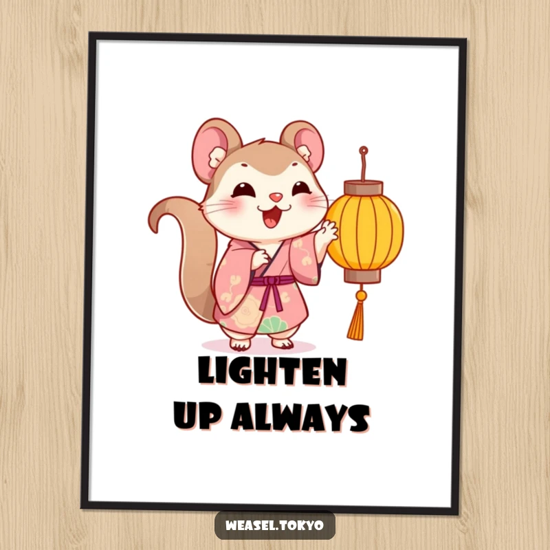 Funny Kawaii weasel illustration in a kimono playfully batting at a lantern, cheerful wall art gift.