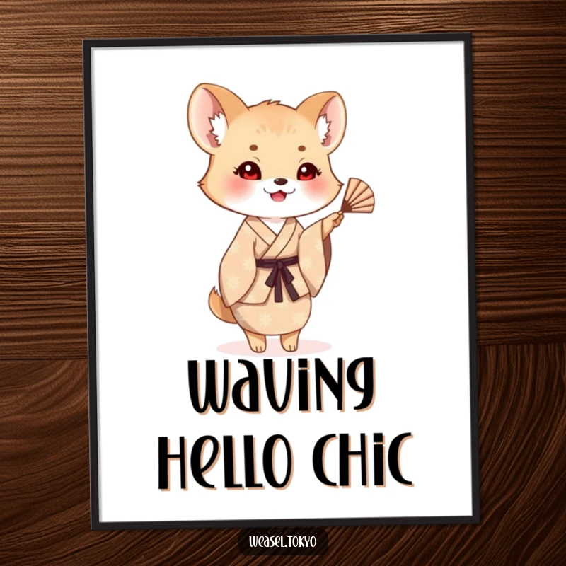 Funny weasel poster depicting a creature in a patterned kimono happily waving a small fan, creating a cheerful and welcoming visual.