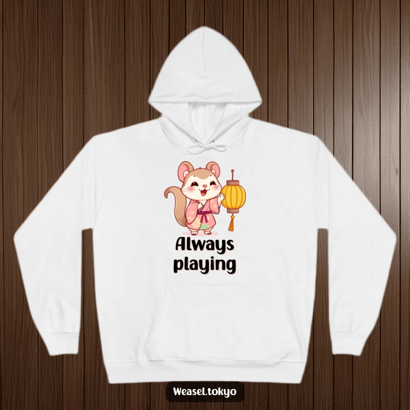 Funny Kawaii weasel in a kimono hoodie gently paws at a dangling lantern, excellent funny gift.