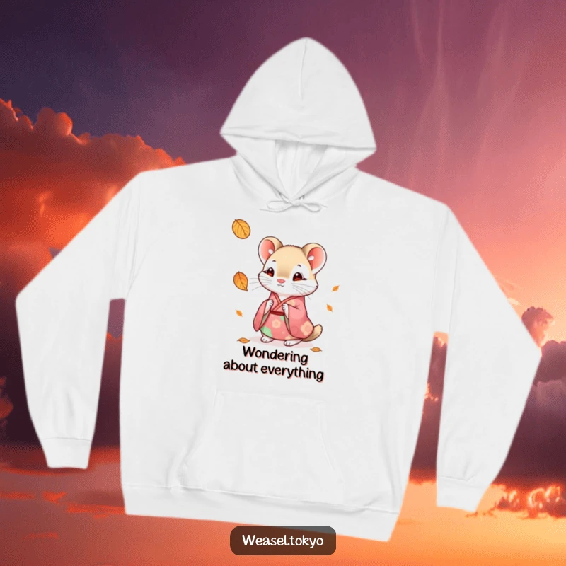 Funny weasel hoodie featuring a cute weasel in a colorful kimono looking curiously at a falling leaf, perfect for warmth.