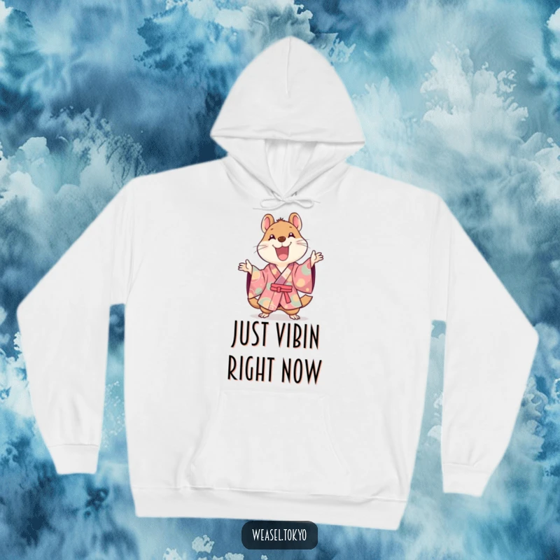 Funny Kawaii weasel in a detailed kimono joyfully gesturing with open arms, ideal funny gift.