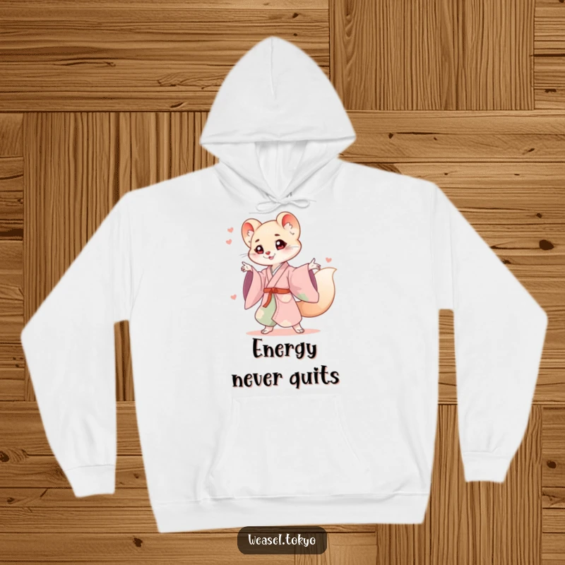 Funny weasel hoodie featuring a cute weasel in a flowing kimono striking an energetic and playful pose, ideal for warmth.