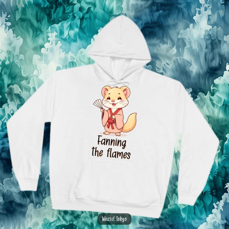 Funny hoodie with a smiling Kawaii weasel in a patterned kimono, gracefully practicing fan movements, cozy and chic.