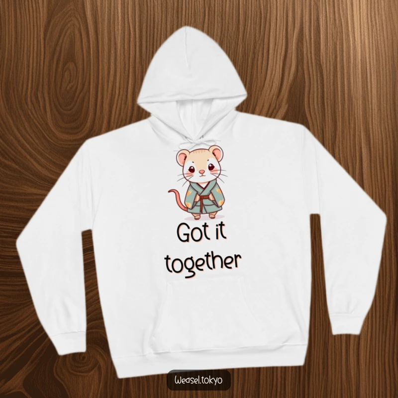 Funny Kawaii weasel in a kimono hoodie delicately balances a small charm, excellent funny gift.