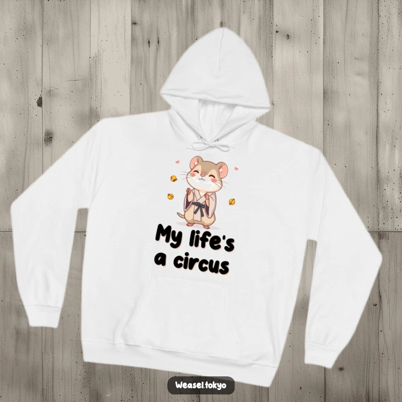 Funny Weasel Hoodie: A weasel in a simple kimono playfully juggles tiny bells on this comfortable and humorous hoodie.