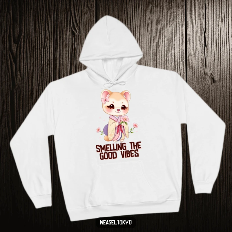 Funny weasel hoodie featuring a cute weasel in a beautiful kimono holding a delicate bloom, perfect for cozy days.