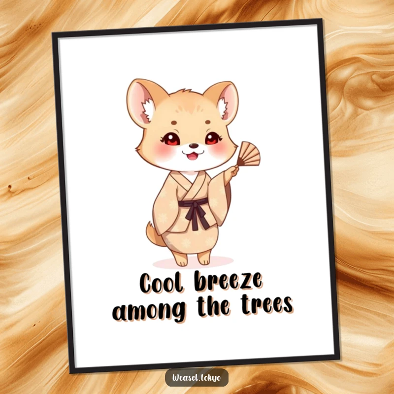 Funny Free Printable Wall Art: A cheerful weasel in a patterned kimono waving a small fan, creating a welcoming vibe