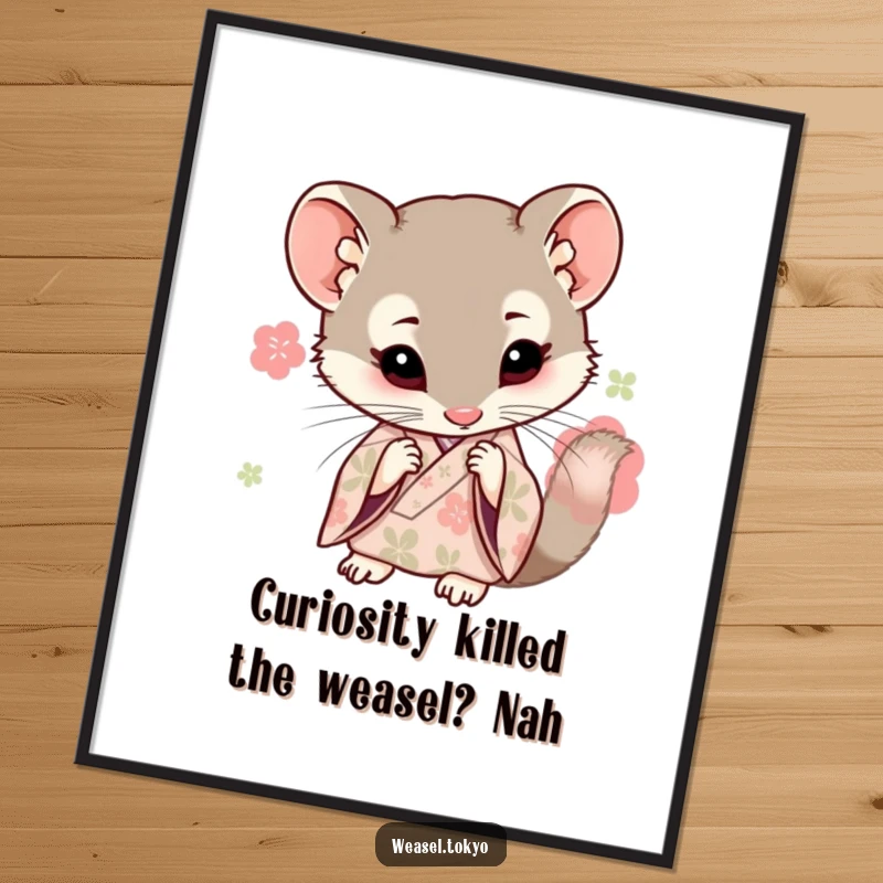 Funny Free Printable Wall Art: Curious Kawaii weasel in refined kimono leans in, examining the world with humorous fascination.