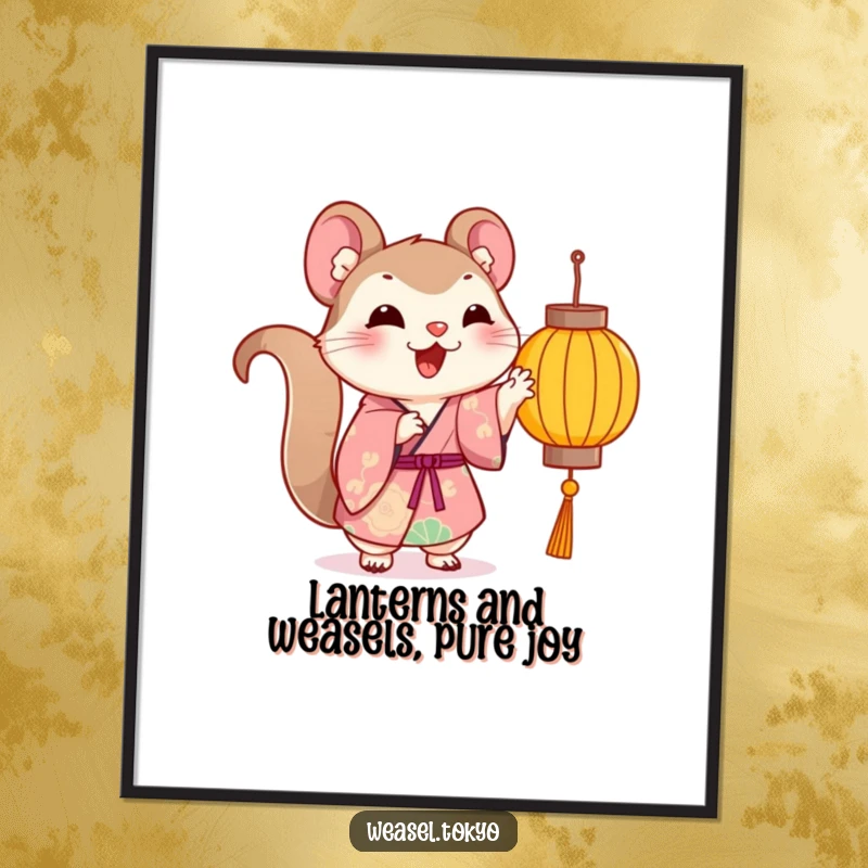 Funny Free Printable Wall Art: Cheerful Kawaii weasel in vibrant kimono playfully pawing a lantern, radiating fun and joy.