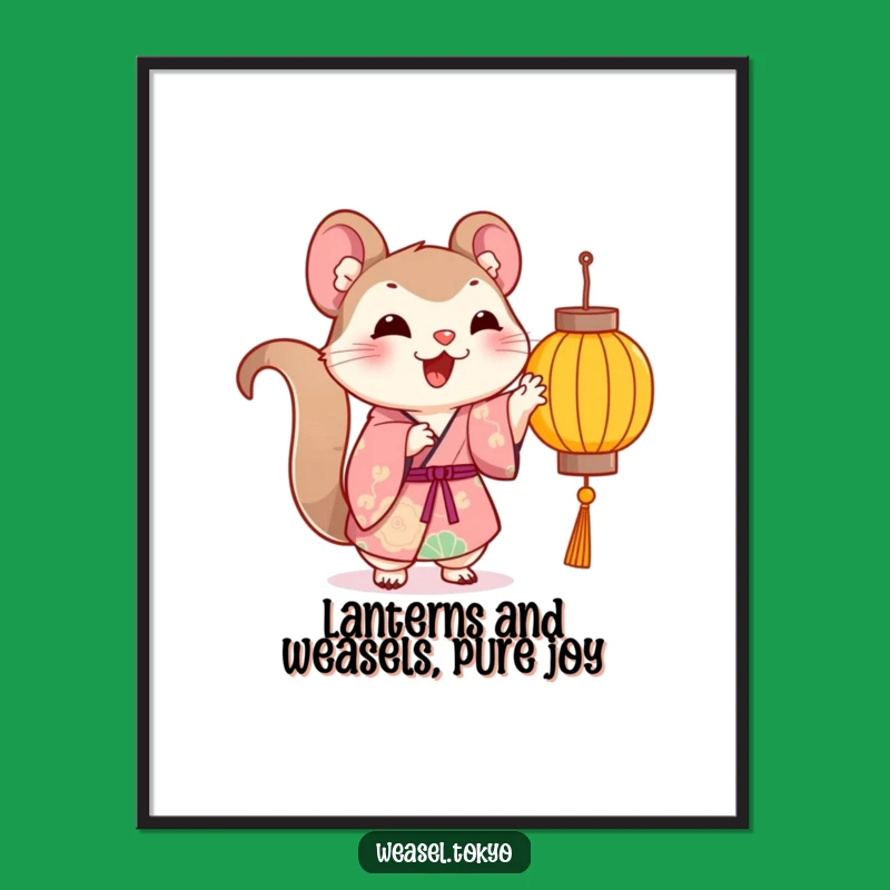 Funny Free Printable Wall Art: Cheerful Kawaii Weasel Kimono Lantern Art - Downloadable Playful Decor