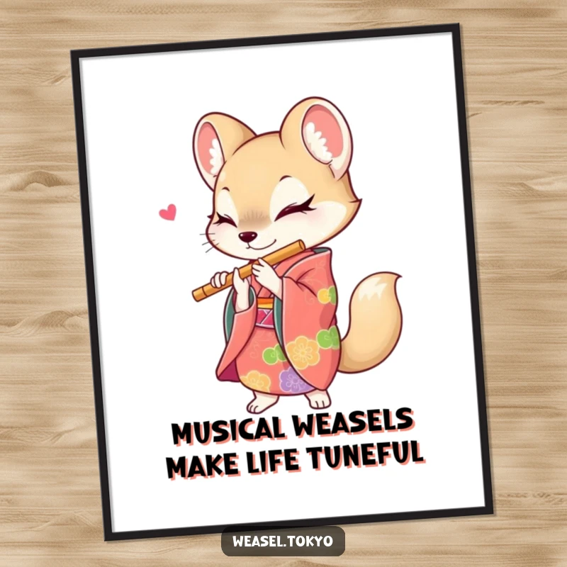 Funny Free Printable Wall Art: A weasel in a vibrant kimono energetically playing a flute, creating a lively atmosphere