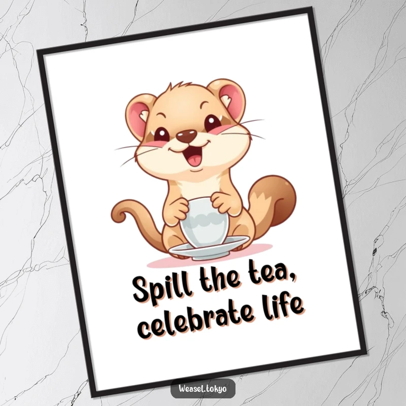Funny Free Printable Wall Art depicting a charming weasel with a delighted expression, enthusiastically serving imaginary tea.