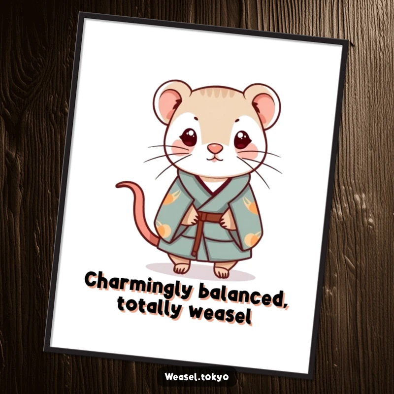Funny Free Printable Wall Art: Whimsical Kawaii weasel in kimono balances a small charm, creating a humorous and delightful scene.