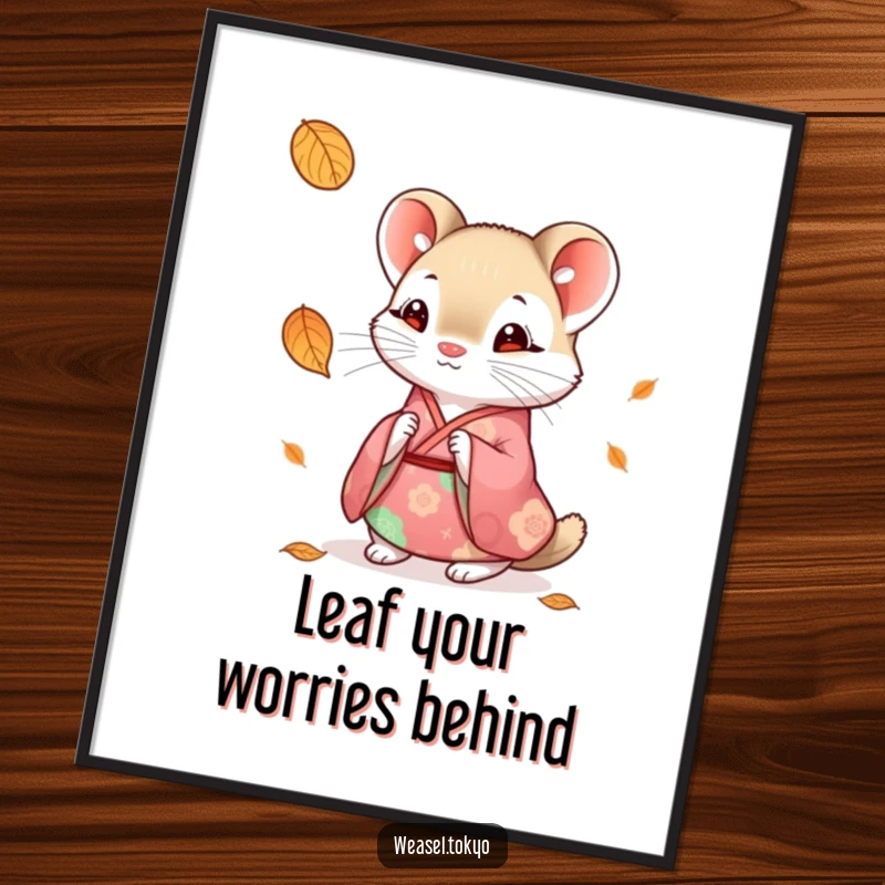 Funny Free Printable Wall Art: A weasel dressed in a colorful kimono looking curiously at a falling leaf.