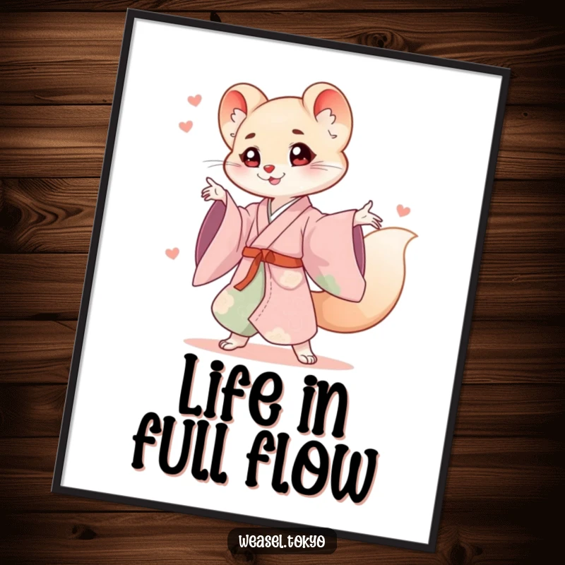 Funny Free Printable Wall Art: A weasel in a flowing kimono striking a playful, energetic pose.
