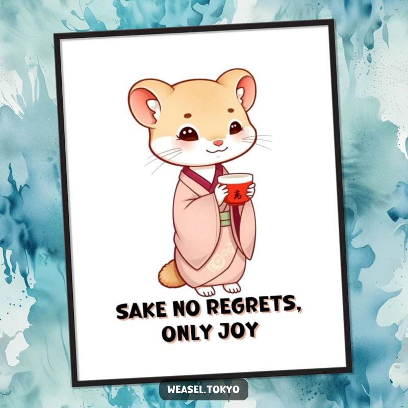 Funny Free Printable Wall Art: A weasel in traditional kimono gracefully balancing a saké cup, embodying poise