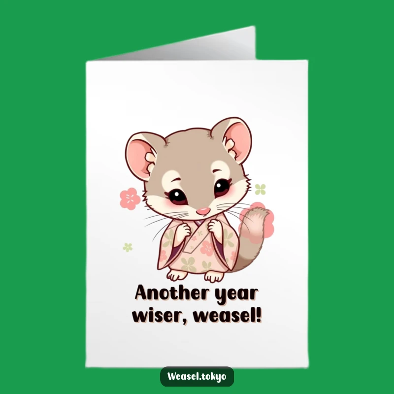 Free Printable Birthday Card: Curious Kawaii Weasel Kimono Funny Card - Instant Download Gift