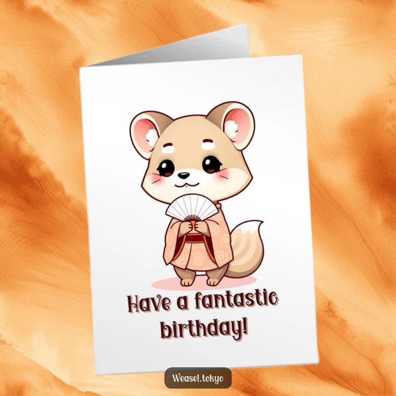 Funny Free Printable Birthday Card: Cute weasel in a patterned kimono politely offering a small fan.