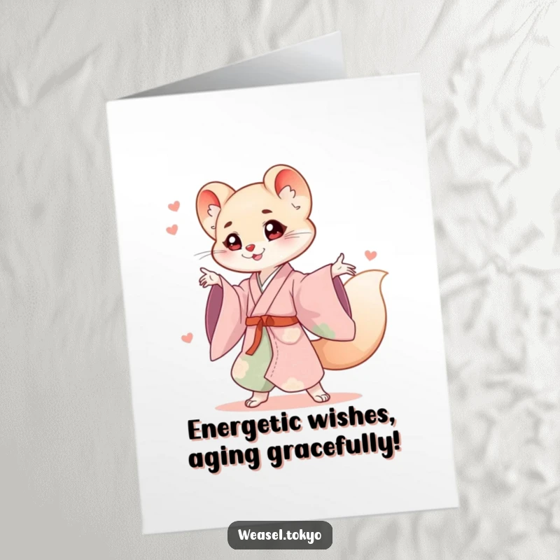 Funny Free Printable Birthday Card: Weasel in a flowing kimono striking a playful, energetic pose.