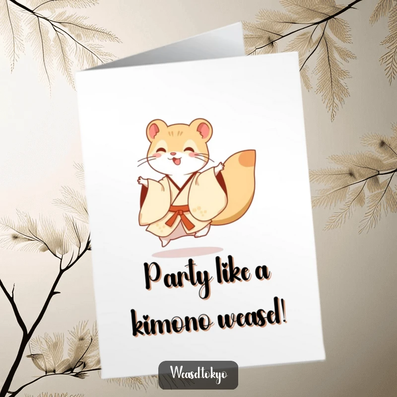 Funny Free Printable Birthday Card featuring a joyful weasel in a kimono doing a dynamic, quick flourish, ready to party.