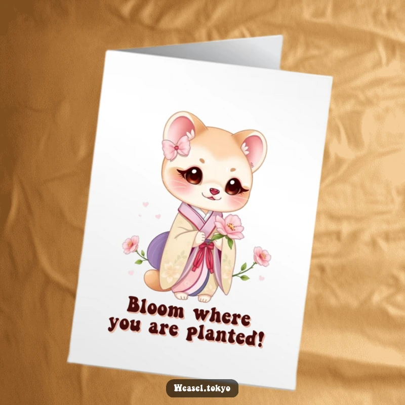 Funny Free Printable Birthday Card: Weasel wearing a beautiful kimono holding a delicate bloom.