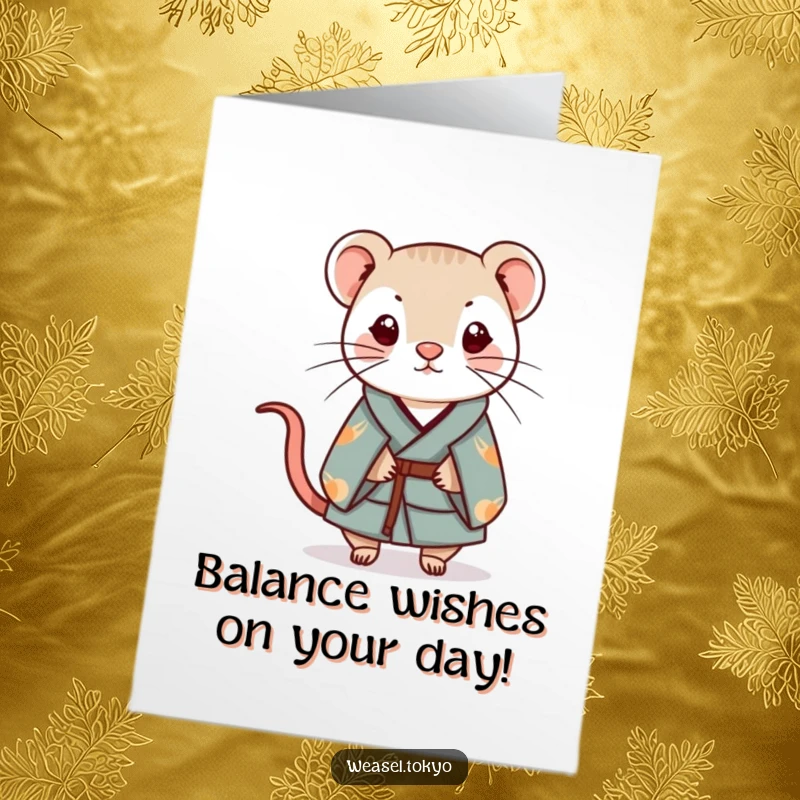 Funny Free Printable Birthday Card: Whimsical Kawaii weasel in kimono balances a small charm with charming, hilarious grace.
