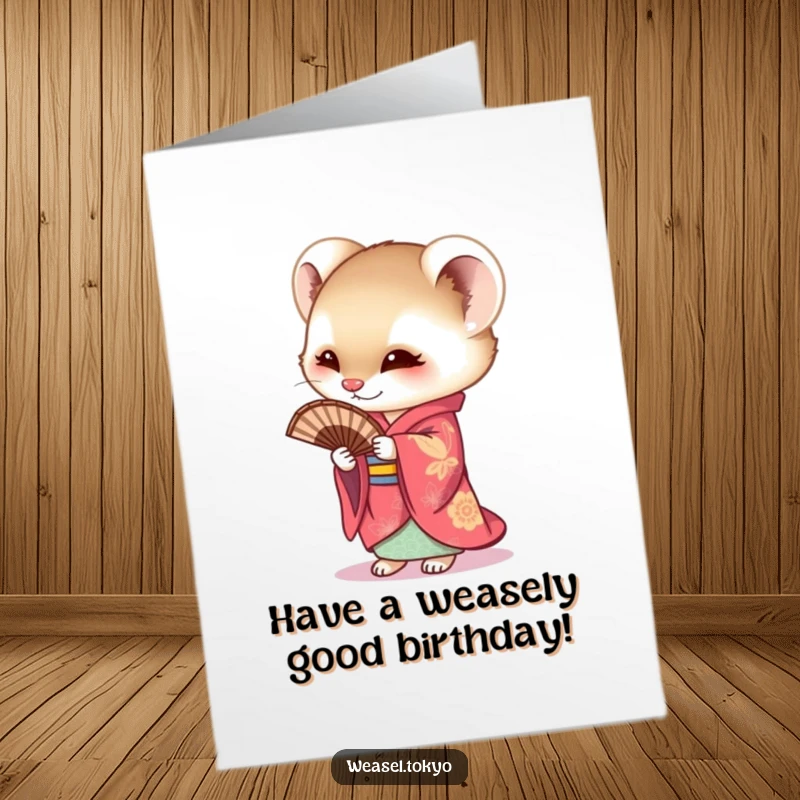 Funny Free Printable Birthday Card featuring a weasel in a vibrant kimono curiously holding a fan, offering charming birthday wishes, downloadable.