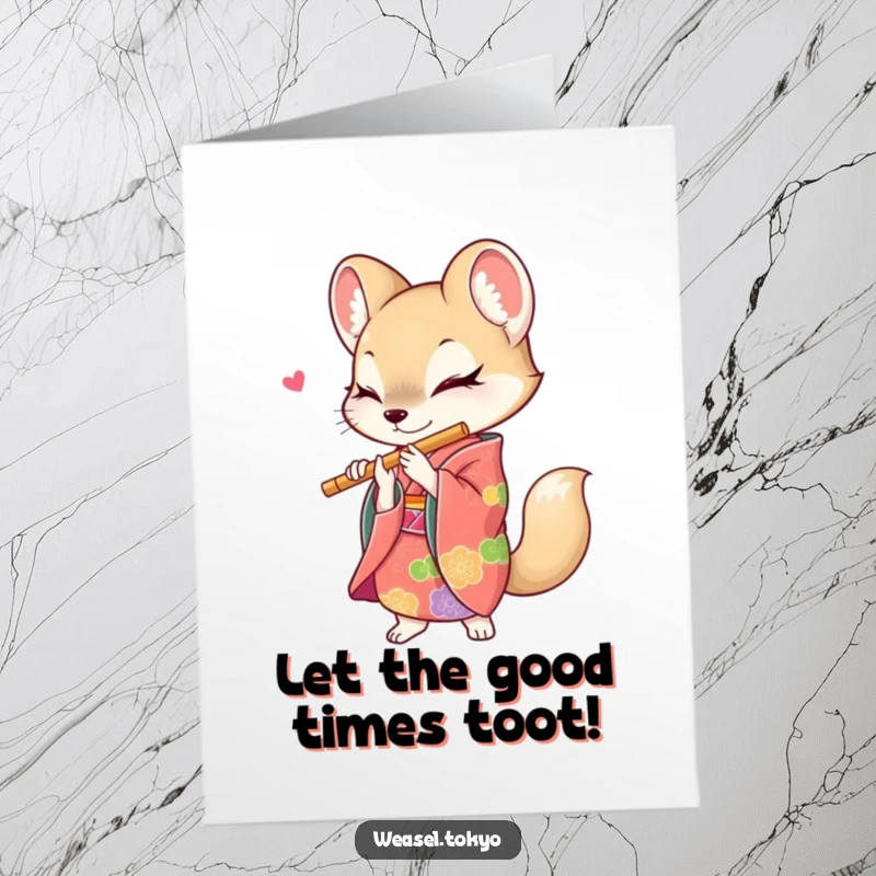 Funny Free Printable Birthday Card: A weasel in a vibrant kimono energetically playing a flute, celebrating with music