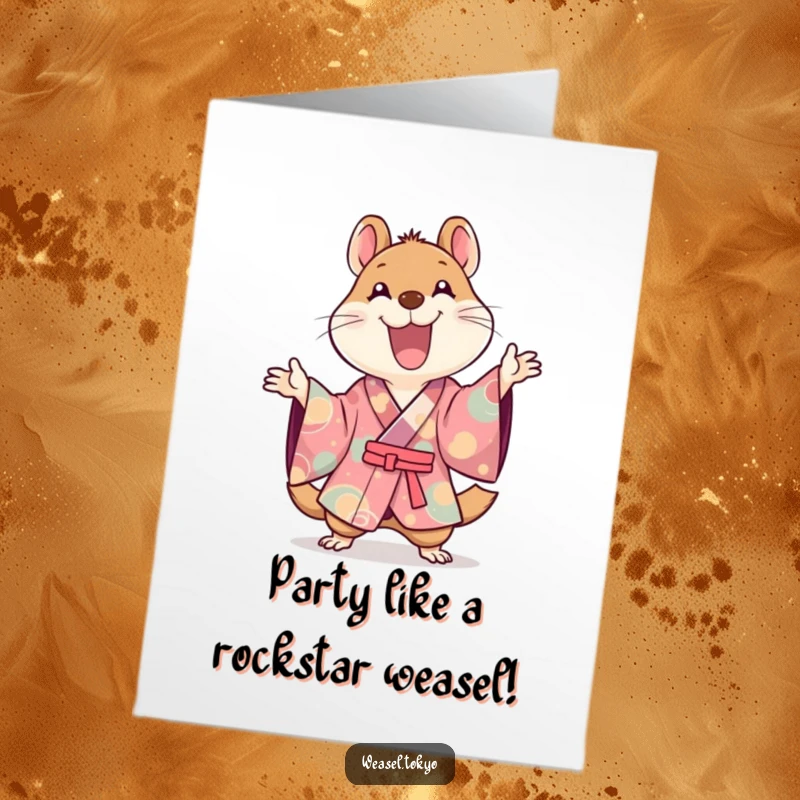 Funny Free Printable Birthday Card: Dynamic Kawaii weasel in colorful kimono joyfully gestures with glee, celebrating with hilarious energy.