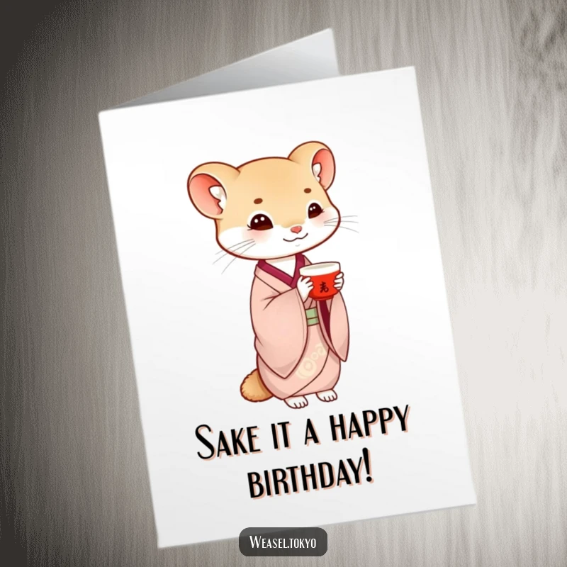 Funny Free Printable Birthday Card: A weasel in traditional kimono gracefully balancing a saké cup, toasting happily