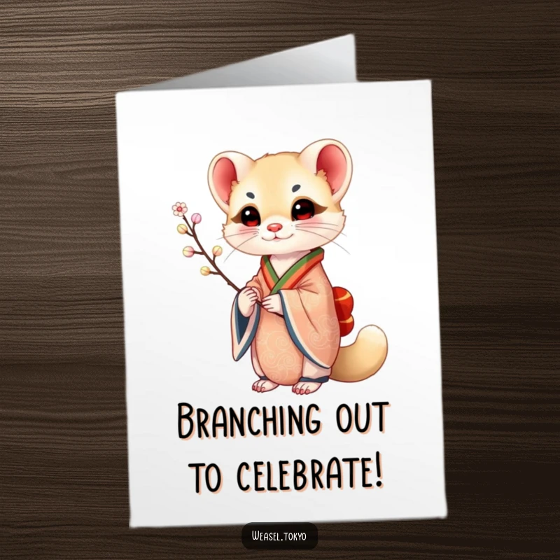 Free Printable Congratulations Card with a poised weasel in an ornate kimono holding a symbolic delicate branch.