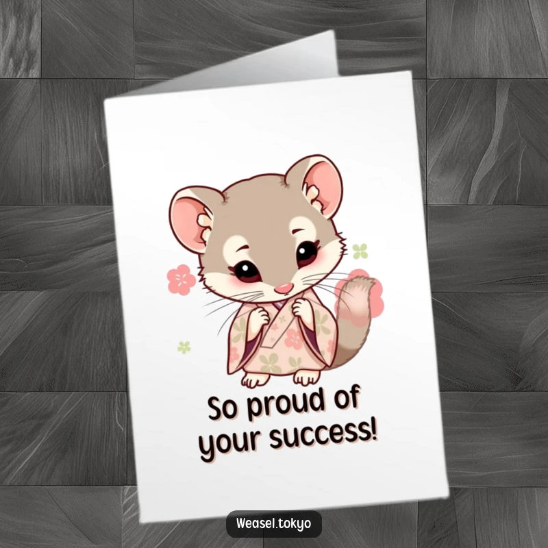 Funny Free Printable Congrats Card: Curious Kawaii weasel in kimono peeks intently, offering funny insights on success.