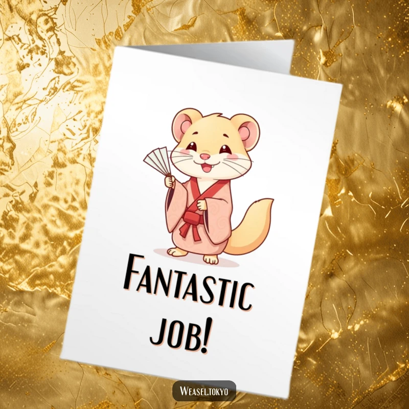 Funny Free Printable Congratulations Card: A smiling Kawaii weasel in a kimono performs graceful fan movements, celebrating achievement.