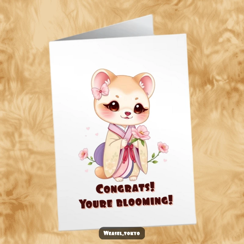 Free Printable Congratulations Card: Weasel wearing a beautiful kimono holding a delicate bloom.