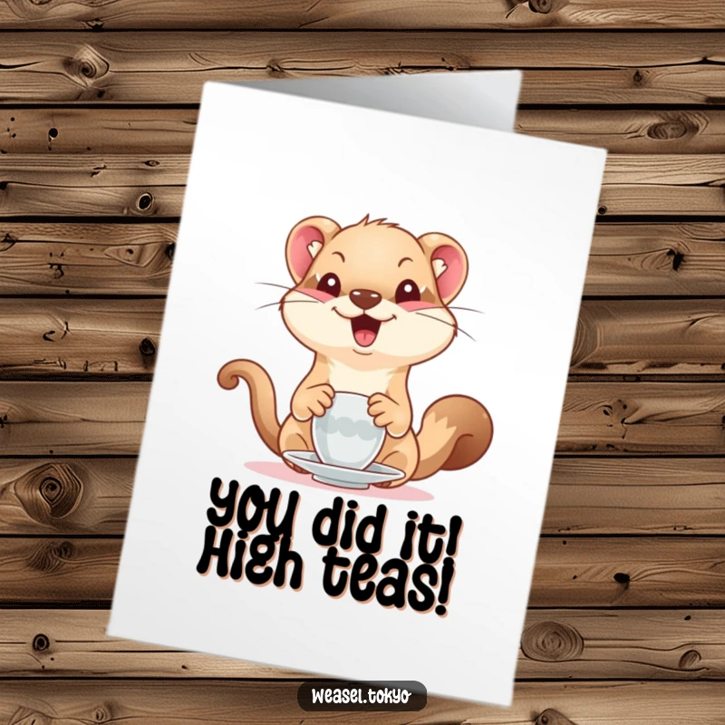 Funny Free Printable Congratulations Card with a gleeful weasel offering a cup of tea, celebrating an achievement.