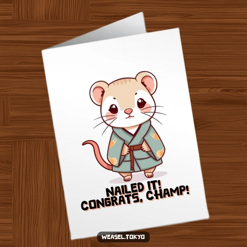 Funny Free Printable Congrats Card: Whimsical Kawaii weasel in kimono elegantly balances a charm, celebrating success with humor.