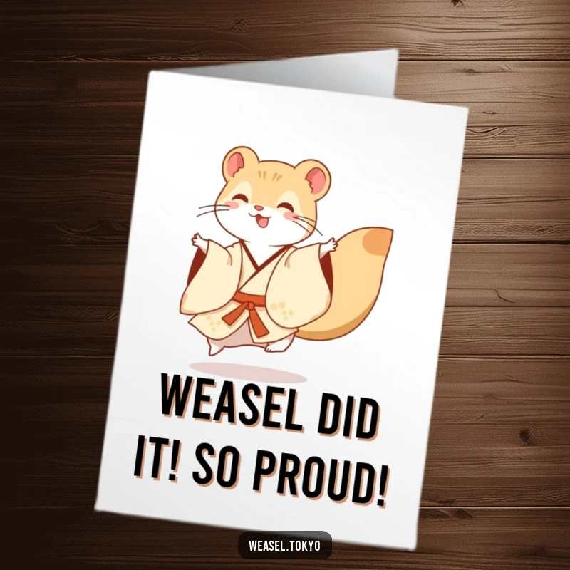Funny Free Printable Congratulations Card - a happy weasel in a vibrant kimono executes a celebratory flourish for your big news.