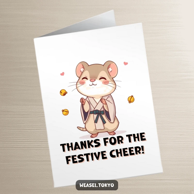 Funny Free Printable Thank You Card of a happy weasel in a kimono juggling small bells, conveying thanks.