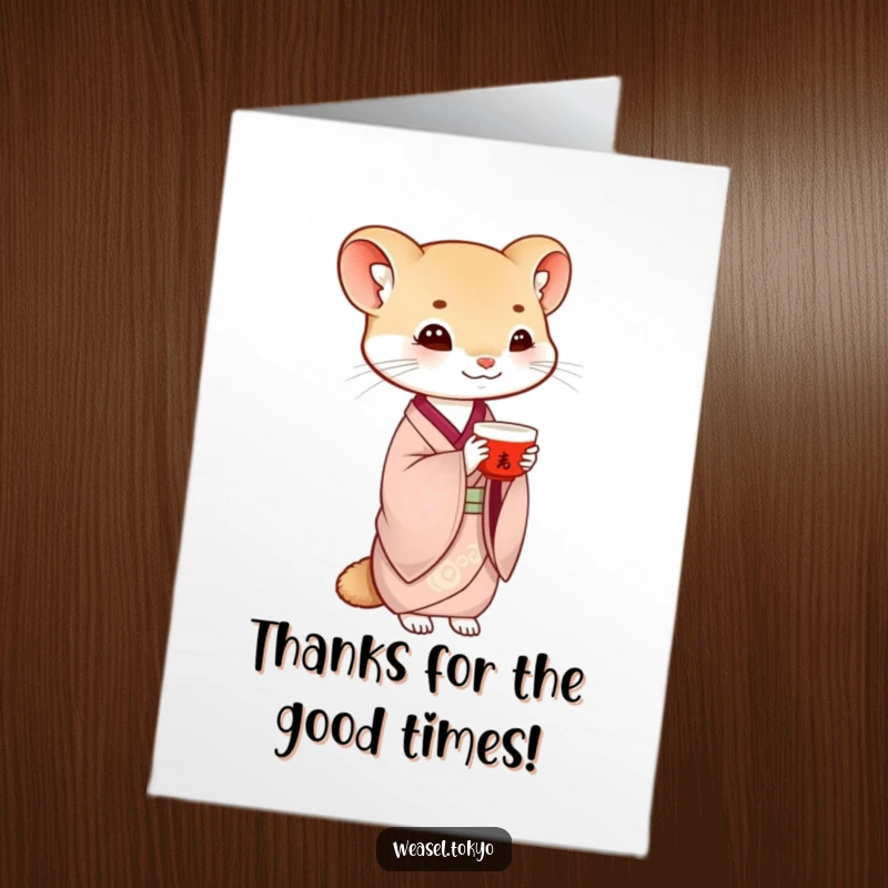 Funny Free Printable Thank You Card: A weasel in traditional kimono gracefully balancing a saké cup, conveying thanks