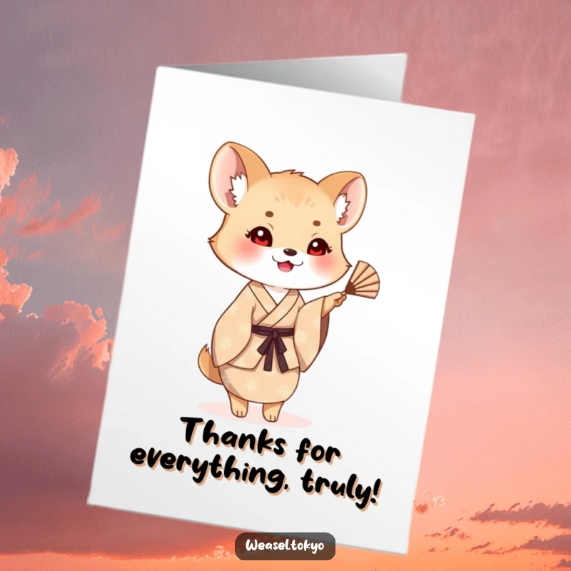 Funny Free Printable Thank You Card: A cheerful weasel in a patterned kimono waving a small fan, expressing thanks