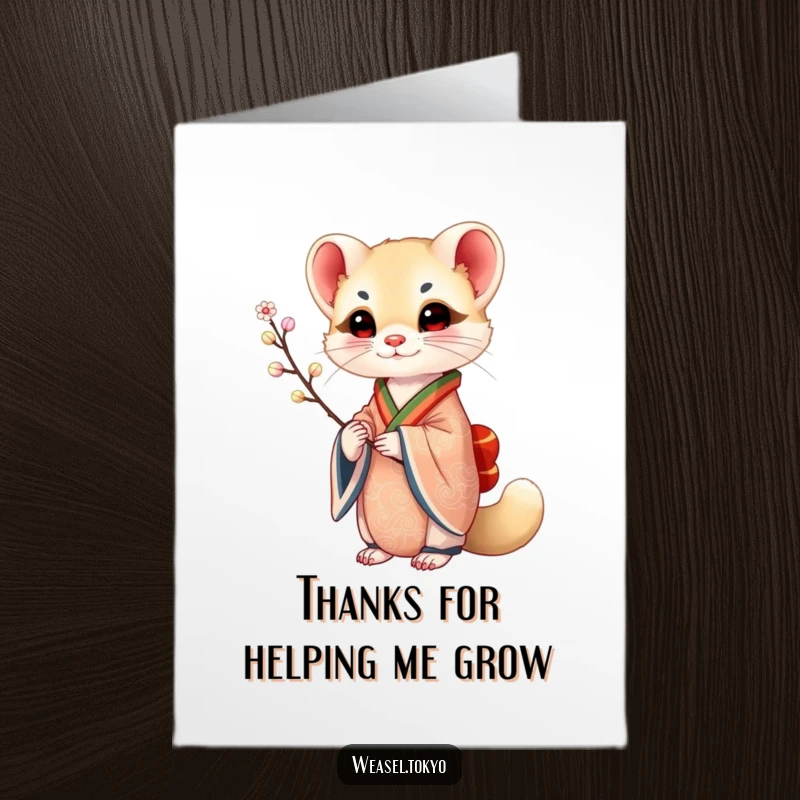 Free Printable Thank You Card featuring a distinguished weasel in an ornate kimono holding a delicate branch, expressing thanks.