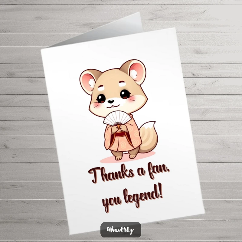 Funny Free Printable Thank You Card: Cute weasel in a patterned kimono politely offering a small fan.