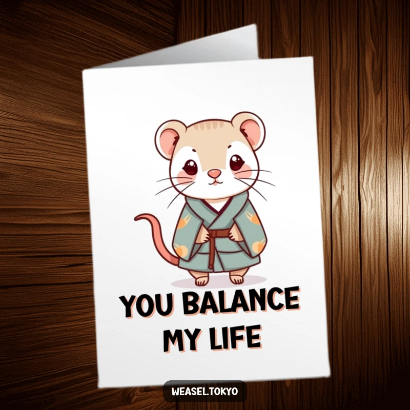 Funny Free Printable Thank You Card: Whimsical Kawaii weasel in kimono balances a charm, offering funny, heartfelt thanks.