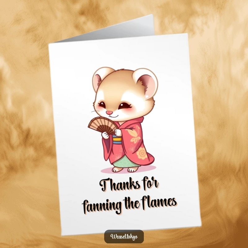 Funny Free Printable Thank You Card with a weasel in a vibrant kimono curiously holding a fan, offering elegant and quirky thanks, downloadable.